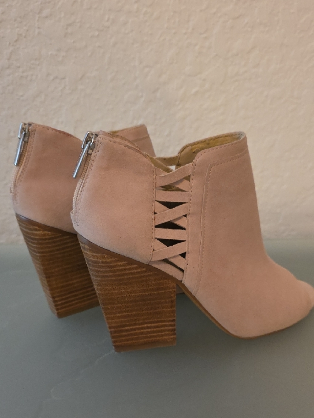 Vince Camuto Blush Suede Peep-Toe Block Heel Booties - Picture 2 of 4